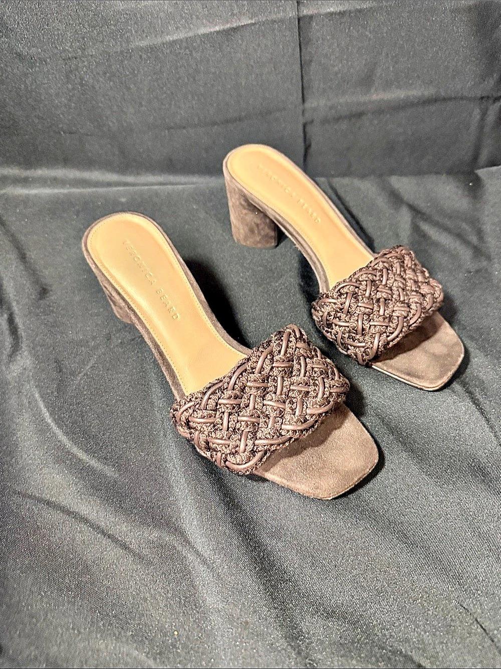 Veronica Beard Suede Sandal Braided Strap Block Heel Mules in Brown